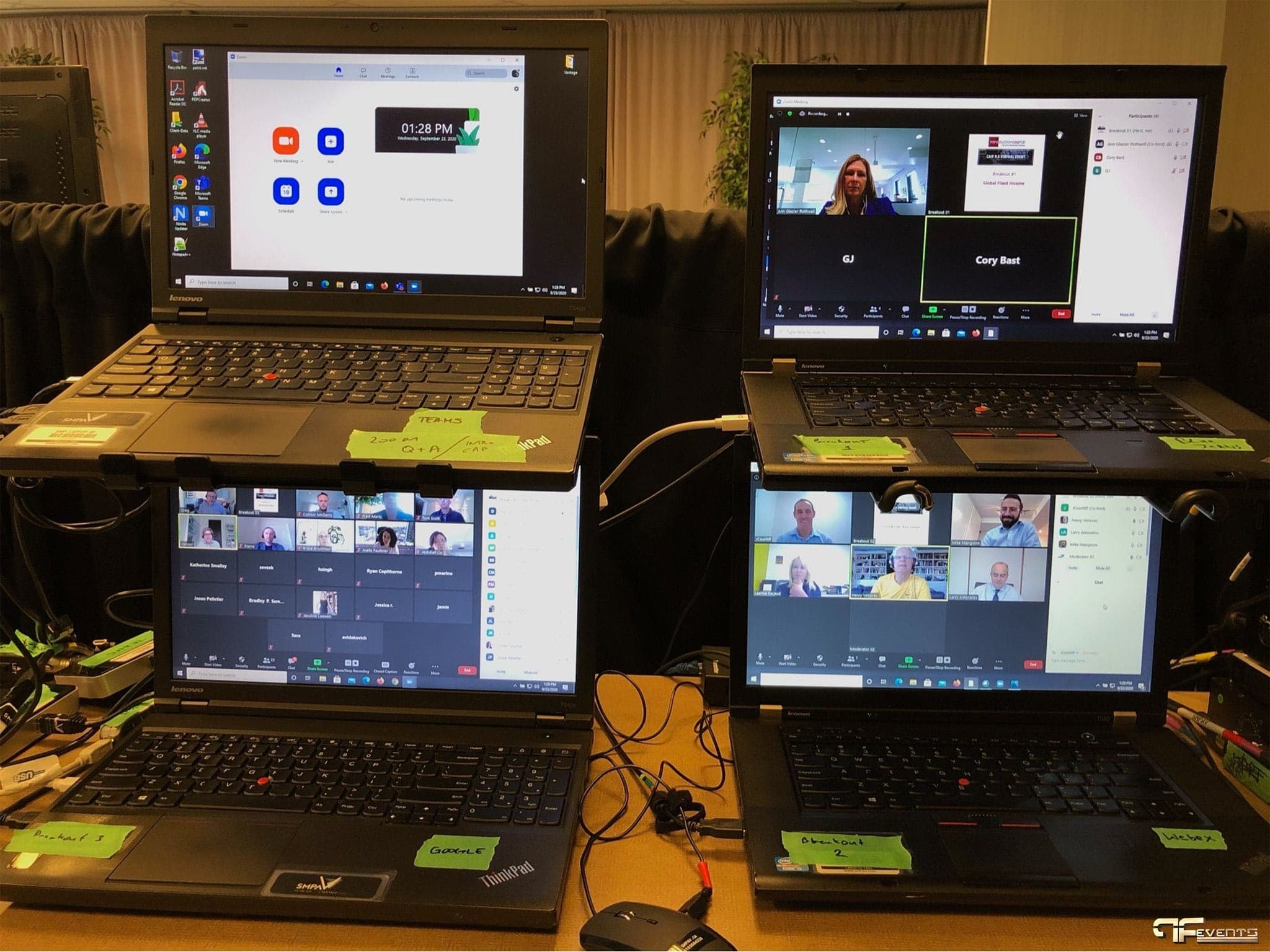 Four stacked laptops running Zoom breakouts and Q&A for a virtual event