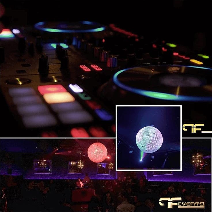 Collage of a DJ controller, crystal mirror balls and a packed nightclub