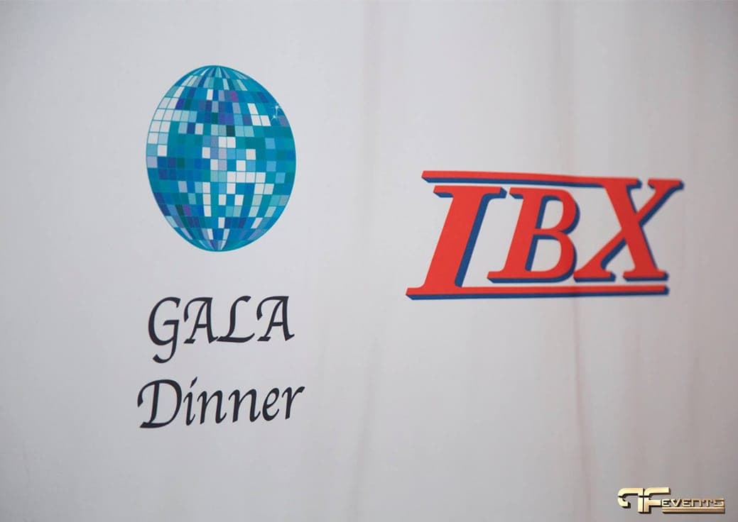 Gala Dinner mirror-ball graphic beside the red IBX logo on a white backdrop