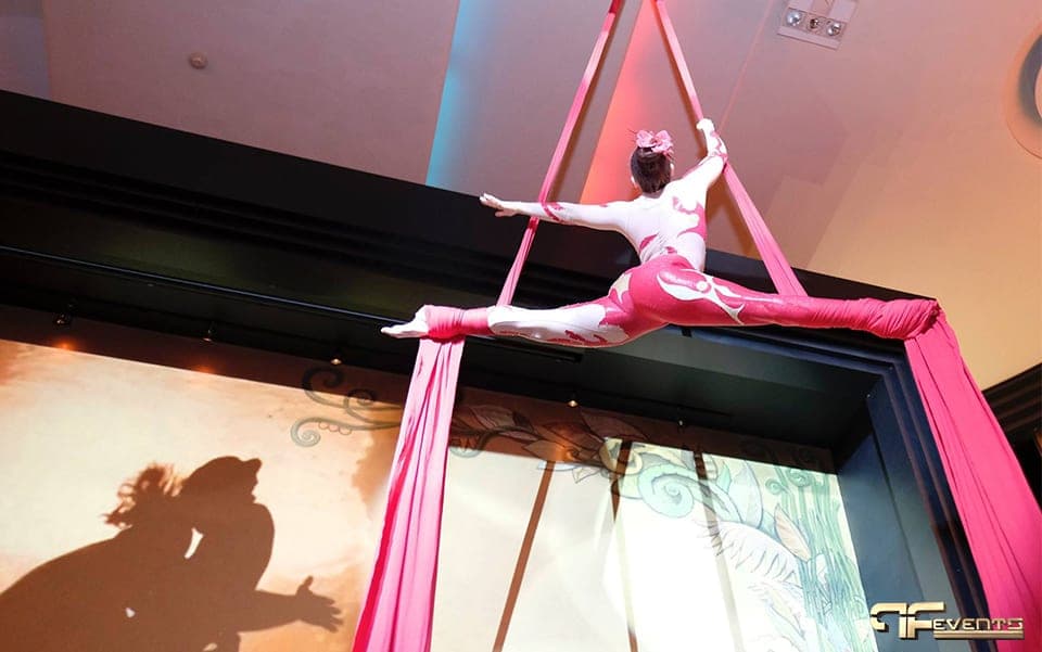 Aerialist in a split on pink silks casting a shadow on the lit stage wall