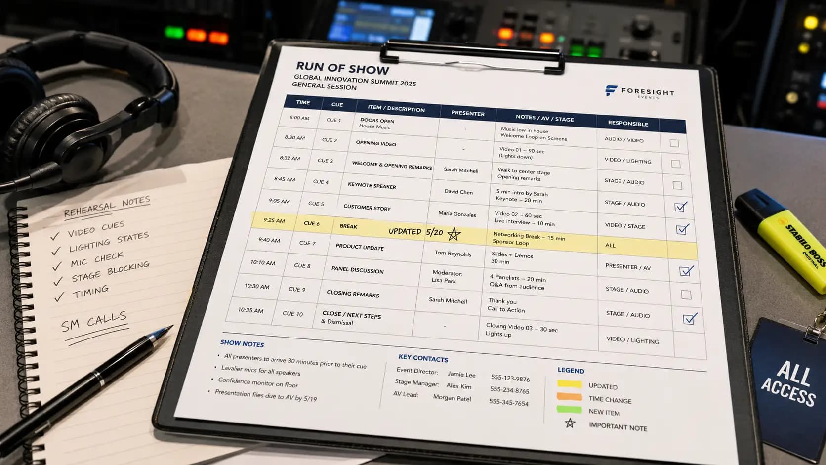 Run of show rehearsal notes for a polished corporate event