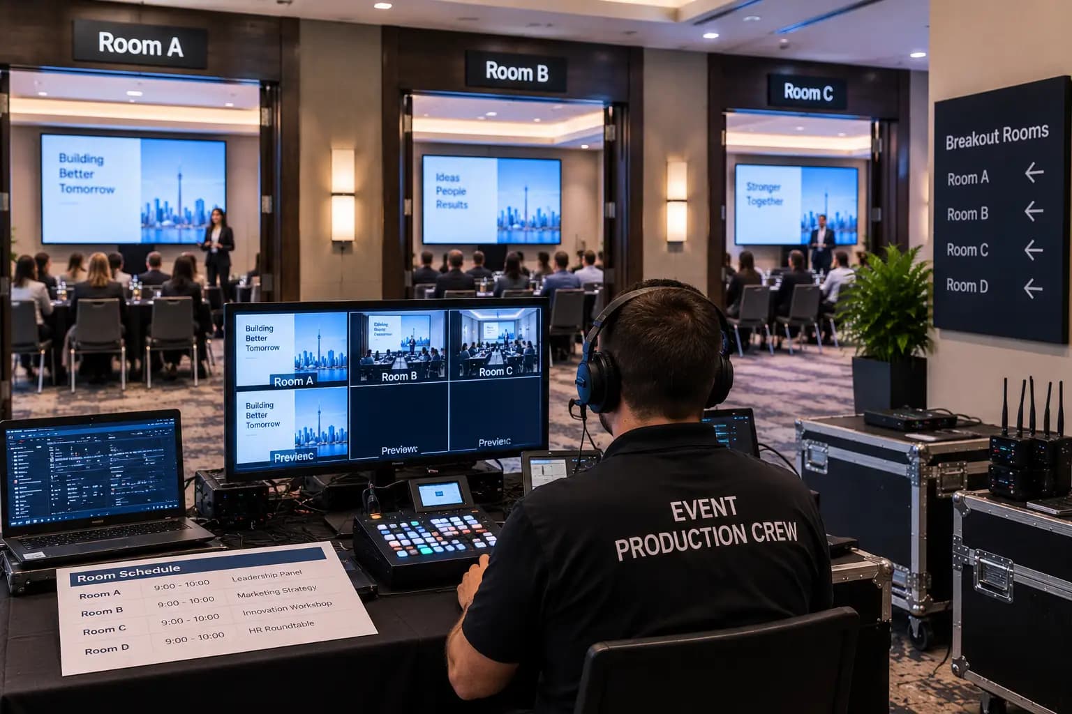Multi-room conference AV team supporting several breakout sessions.